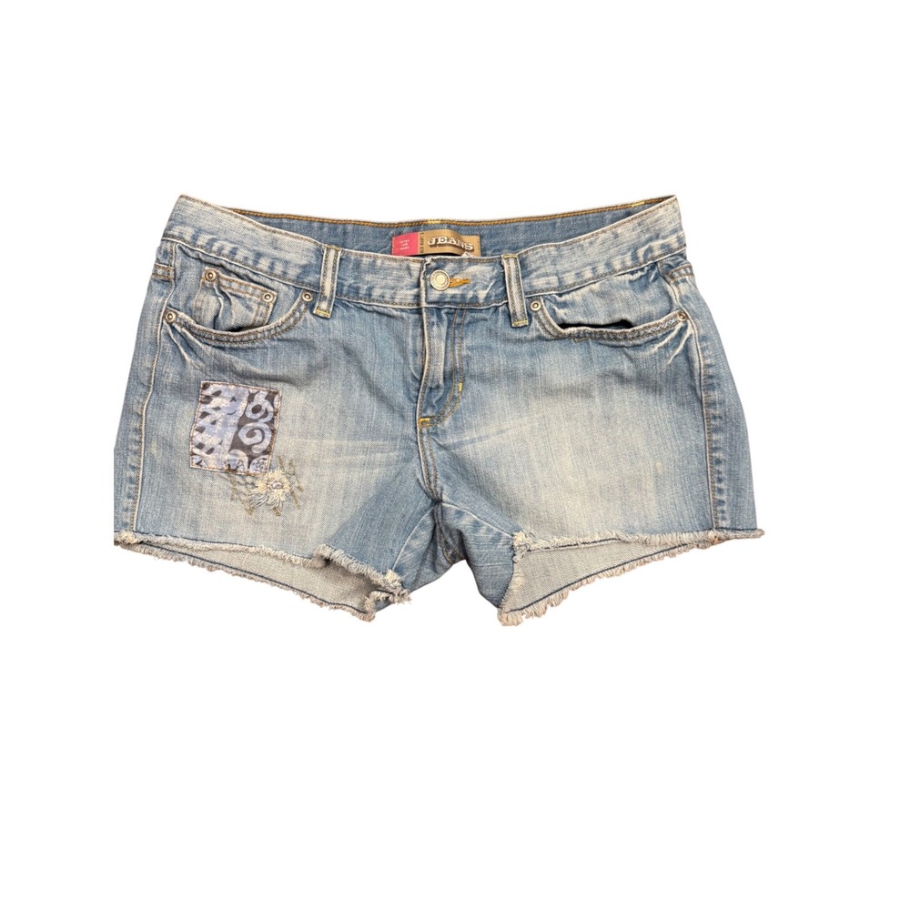 VTG Y2K Ultra Low Waist Patchwork Denim Shorts Sz 8 Light Frayed Distressed